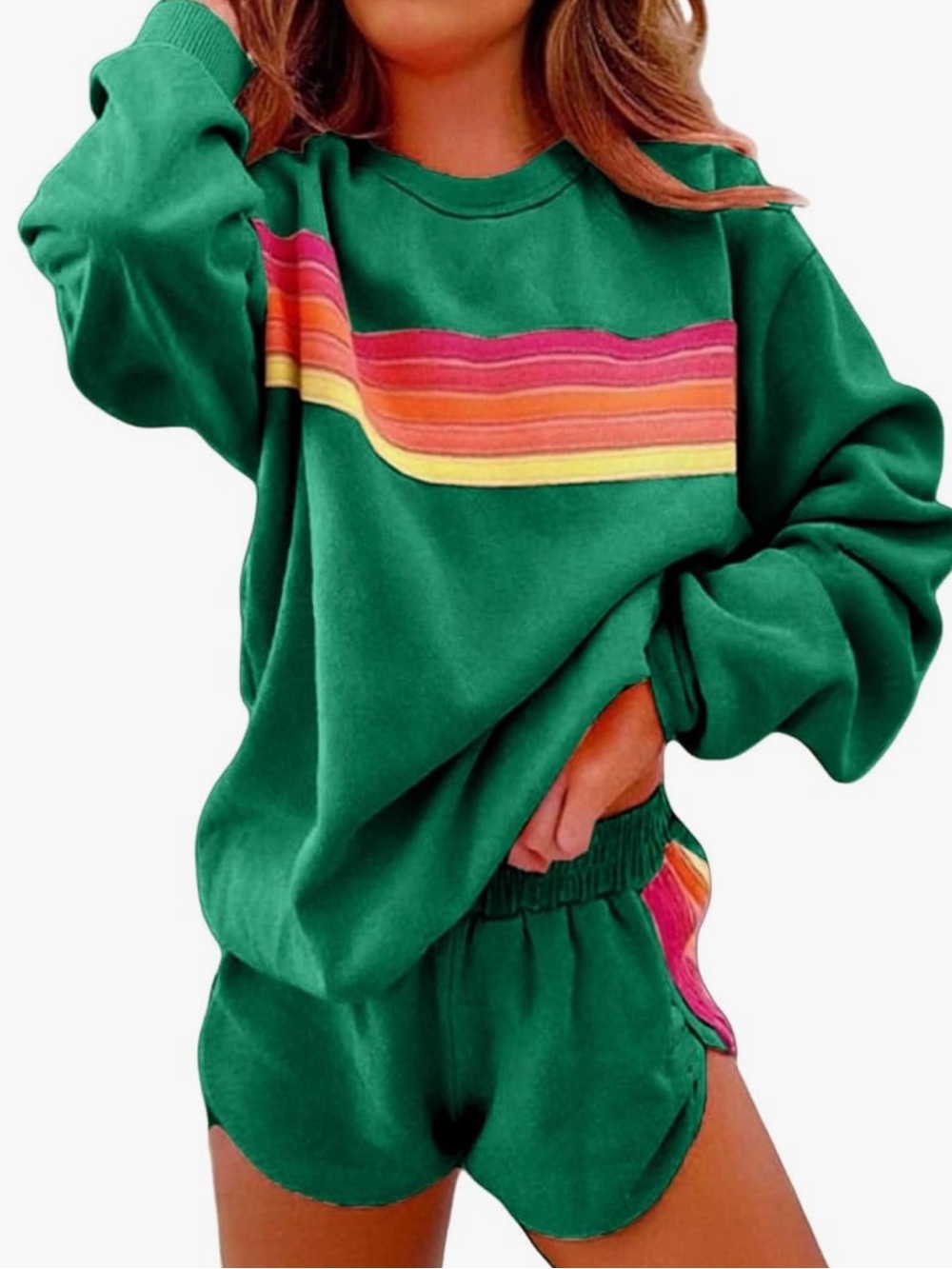 Green Stripe Crewneck Sweatshirt/Shorts Set